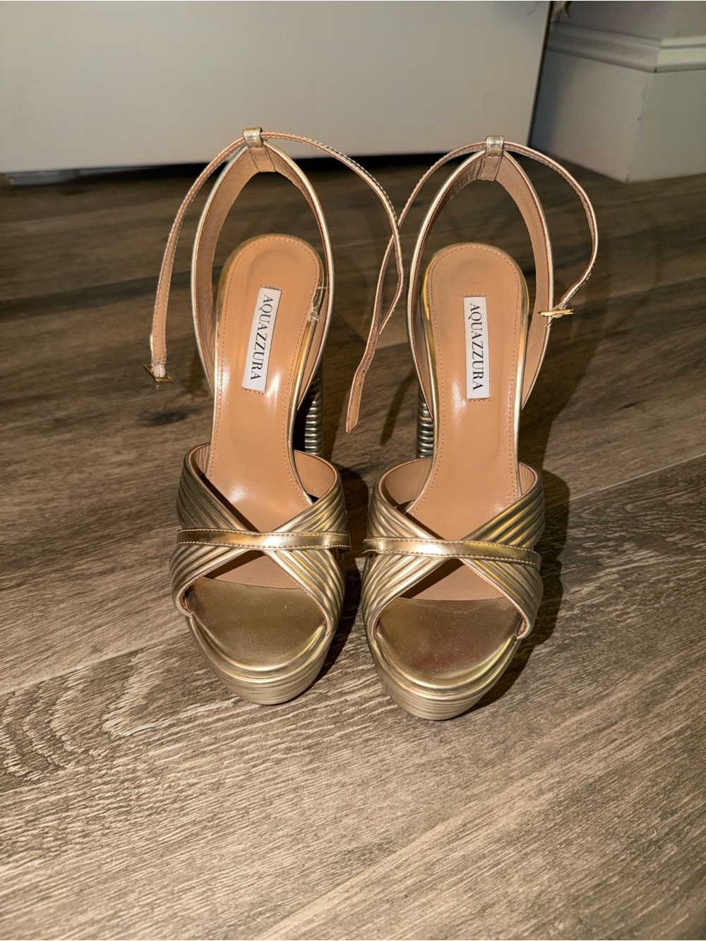 Aquazzura Champagne Leather Crisscross Platform Sandals